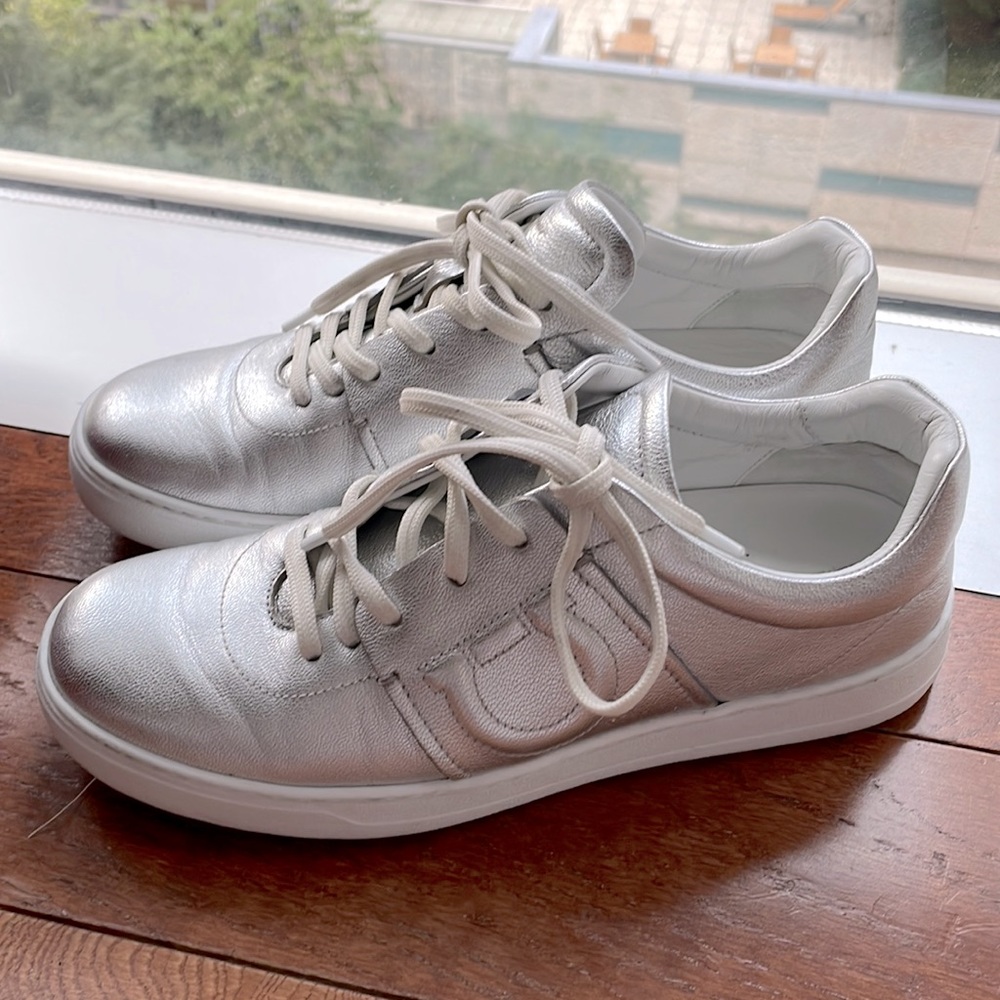 Salvatore Ferragamo silver leather sneakers